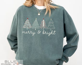 Comfort Colors® Christmas Tree Sweatshirt Merry and Bright Christmas Trees Sweater Cute Women's Holiday Crewneck Cozy Winter Gift Xmas Shirt
