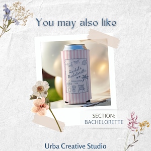 May include: A pink and white striped can cooler with the text "Rachel's Bachelorette Charleston 5/24" in a decorative frame. The cooler has a blue top and is decorated with illustrations of a palm tree, chair, and other objects. The image is labeled "Section: Bachelorette."