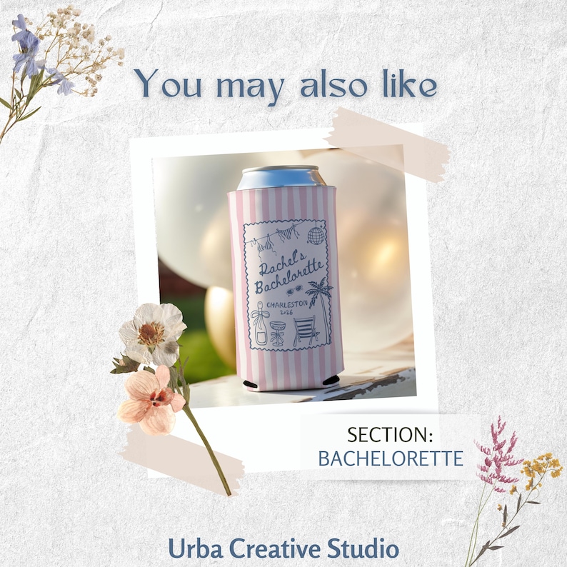 May include: A pink and white striped can cooler with the text "Rachel's Bachelorette Charleston 5/24" in a decorative frame. The cooler has a blue top and is decorated with illustrations of a palm tree, chair, and other objects. The image is labeled "Section: Bachelorette."