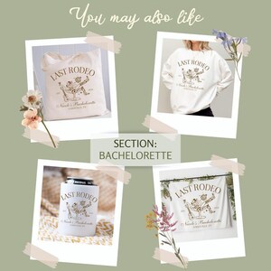 Pu&ograve; includere: Quattro prodotti diversi con il testo "Last Rodeo" e una grafica di una persona che cavalca un toro. I prodotti includono una borsa tote, una felpa, un refrigeratore per lattine e una coperta. Il testo "Nicole's Bachelorette Nashville, TN" &egrave; incluso anche su ogni prodotto.