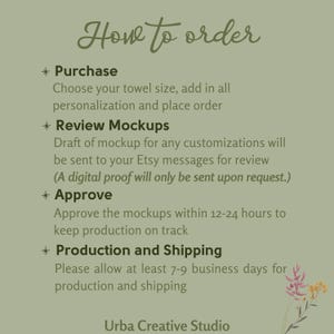 May include: Green background with white text explaining how to order a personalised towel. The text includes the steps: Purchase, Review Mockups, Approve, and Production and Shipping. The text also includes the business name, Urba Creative Studio.