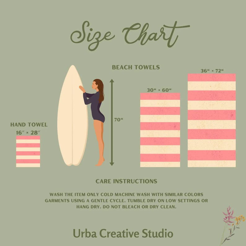 May include: Size chart for beach towels and hand towels. The chart shows the dimensions of each towel in inches. The chart also includes care instructions for the towels.
