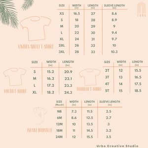 Pu&ograve; includere: Tabella delle taglie per t-shirt e body unisex per adulti, bambini, bambini piccoli e neonati. La tabella mostra la larghezza, la lunghezza e la lunghezza della manica in pollici per ogni taglia.