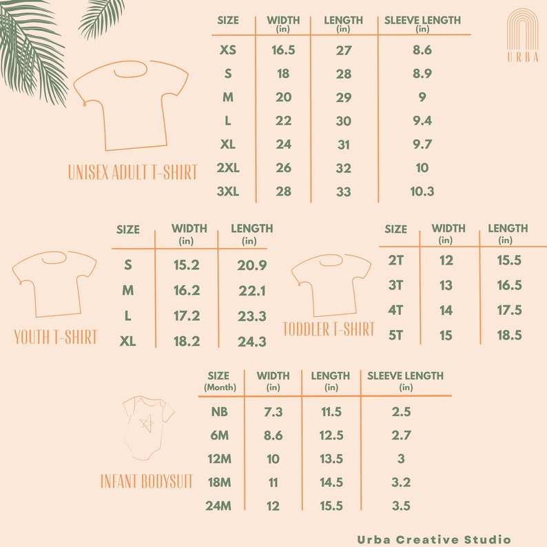 Pu&ograve; includere: Tabella delle taglie per t-shirt e body unisex per adulti, bambini, bambini piccoli e neonati. La tabella mostra la larghezza, la lunghezza e la lunghezza della manica in pollici per ogni taglia.