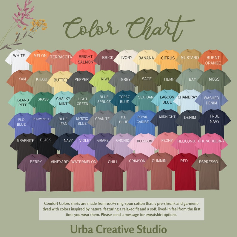 以下が含まれることがあります： 白、オレンジ、緑、青、赤など、さまざまな色合いのComfort Colors Tシャツのカラーチャート。各色の名前が表示されています。シャツは100％リングスパンコットン製です。