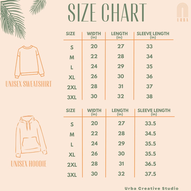 Pu&ograve; includere: Tabella delle taglie per felpe e felpe con cappuccio unisex. La tabella mostra le misure in pollici per larghezza, lunghezza e lunghezza della manica per le taglie S, M, L, XL, 2XL e 3XL.