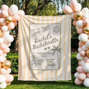 May include: A striped banner with the text "Rachel's Bachelorette Charleston 2026" in a decorative frame. The banner features illustrations of a bikini, sunglasses, a disco ball, a palm tree, a champagne bottle, a cocktail table, and a beach chair. Balloons frame the banner.