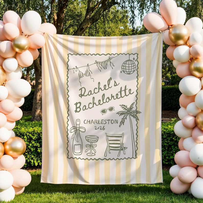 May include: A striped banner with the text "Rachel's Bachelorette Charleston 2026" in a decorative frame. The banner features illustrations of a bikini, sunglasses, a disco ball, a palm tree, a champagne bottle, a cocktail table, and a beach chair. Balloons frame the banner.