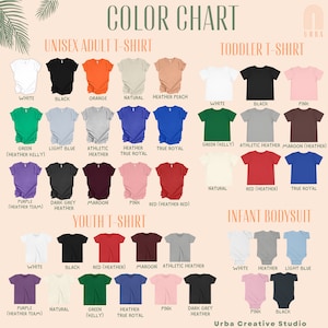 Pu&ograve; includere: Tabella colori che mostra diversi colori e stili di magliette per adulti, bambini piccoli, giovani e neonati. La tabella include colori come bianco, nero, arancione, naturale, pesca, verde, azzurro, grigio atletico, grigio vero reale, viola, grigio scuro, marrone, rosa, rosso e blu vero.