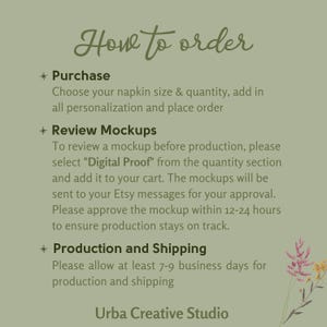 May include: Instructions on how to order a personalised napkin product. Choose your napkin size and quantity, add personalisation, and place your order. Review a digital proof before production. Allow 7-9 business days for production and shipping. Urba Creative Studio.