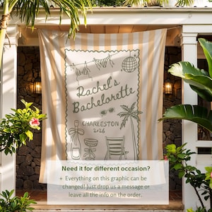 May include: A beige and white striped banner with the text "Rachel's Bachelorette Charleston 2026" in green. The banner features illustrations of a disco ball, sunglasses, palm tree, champagne bottle, and beach chair. The banner also includes the text "Need it for different occasion? Everything on this graphic can be changed! Just drop us a message or leave all the info on the order."