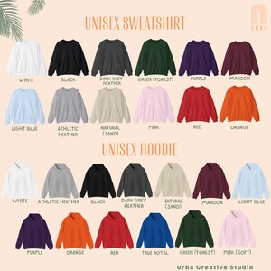 Pu&ograve; includere: Un grafico che mostra diverse opzioni di colore per felpe e felpe con cappuccio unisex. I colori includono bianco, nero, grigio scuro melange, verde (foresta), viola, marrone, azzurro, melange atletico, naturale (sabbia), rosa, rosso e arancione.