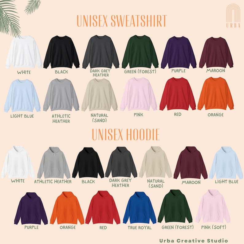 Pu&ograve; includere: Un grafico che mostra diverse opzioni di colore per felpe e felpe con cappuccio unisex. I colori includono bianco, nero, grigio scuro melange, verde (foresta), viola, marrone, azzurro, melange atletico, naturale (sabbia), rosa, rosso e arancione.
