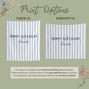 Puede incluir: Dos pancartas con rayas verticales azules y blancas. El texto "HAPPY BIRTHDAY Lucas" se muestra en cada pancarta. Una pancarta es vertical, la otra horizontal. Las palabras "Print Options" est&aacute;n en la parte superior.