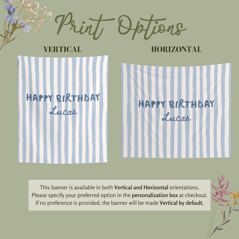 Puede incluir: Dos pancartas con rayas verticales azules y blancas. El texto "HAPPY BIRTHDAY Lucas" se muestra en cada pancarta. Una pancarta es vertical, la otra horizontal. Las palabras "Print Options" est&aacute;n en la parte superior.