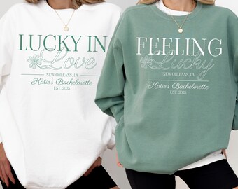 St Patricks Day Bachelorette Sweatshirts Custom Lucky In Love Bachelorette Sweater St Pattys Bridal Shower Crewneck Shamrock Bachelorette
