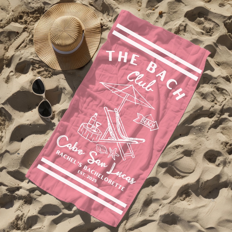Custom Bachelorette Beach Towel, Bach Club Beach Towel, Bride Custom Beach Towel, Beach Bachelorette Party Favor, Coastal Bridal Shower Gift image 1