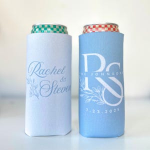 Monogrammed Wedding Can Coolers, Wedding Shower Can Holder, Custom Wedding Reception Favors, Personalized Engagement Party Can Cooler