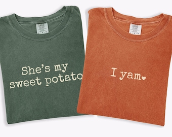 Camisa Comfort Colors® para parejas en Acción de Gracias: "Ella es mi batata, yo soy un ñame", camisa a juego para marido y mujer
