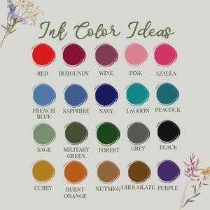 May include: A chart of ink colour ideas with 15 different colour swatches. The colours are labelled with names like red, burgundy, wine, pink, azalea, French blue, sapphire, navy, lagoon, peacock, sage, military green, forest, grey, black, curry, burnt orange, nutmeg, chocolate, and purple.