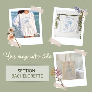 Puede incluir: Tres im&aacute;genes de una bolsa de mano, una sudadera y un tapiz de pared con tem&aacute;tica de despedida de soltera. Cada art&iacute;culo presenta un gr&aacute;fico de palmera con el texto "Charleston Girls Club" y el a&ntilde;o "2024".