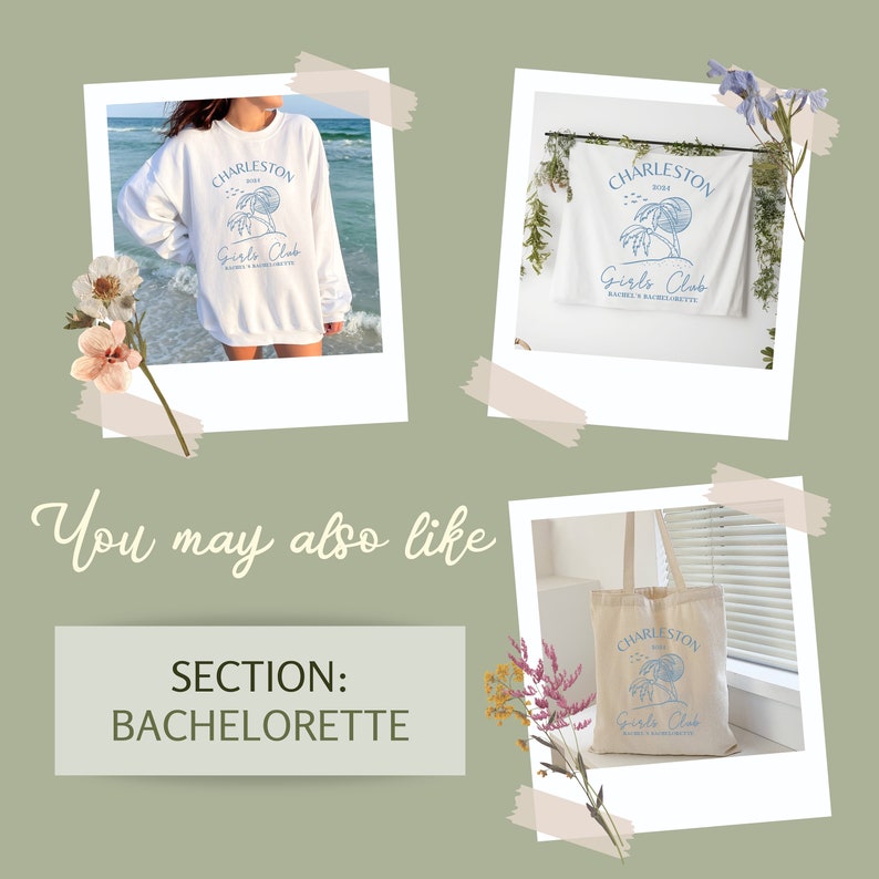 Puede incluir: Tres im&aacute;genes de una bolsa de mano, una sudadera y un tapiz de pared con tem&aacute;tica de despedida de soltera. Cada art&iacute;culo presenta un gr&aacute;fico de palmera con el texto "Charleston Girls Club" y el a&ntilde;o "2024".