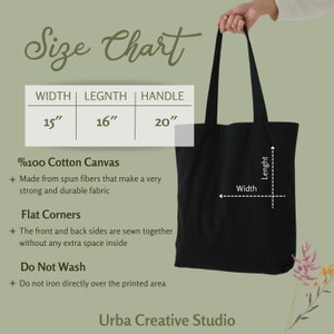 Op de afbeelding: Een zwarte tote bag met een maattabel die aangeeft dat de breedte 15 inch, de lengte 16 inch en de handgreep 20 inch is. De tas is gemaakt van 100% katoenen canvas en heeft platte hoeken. De tekst "Niet wassen" en "Niet strijken over het bedrukte gebied" is inbegrepen. De tekst "Urba Creative Studio" staat onderaan de afbeelding.
