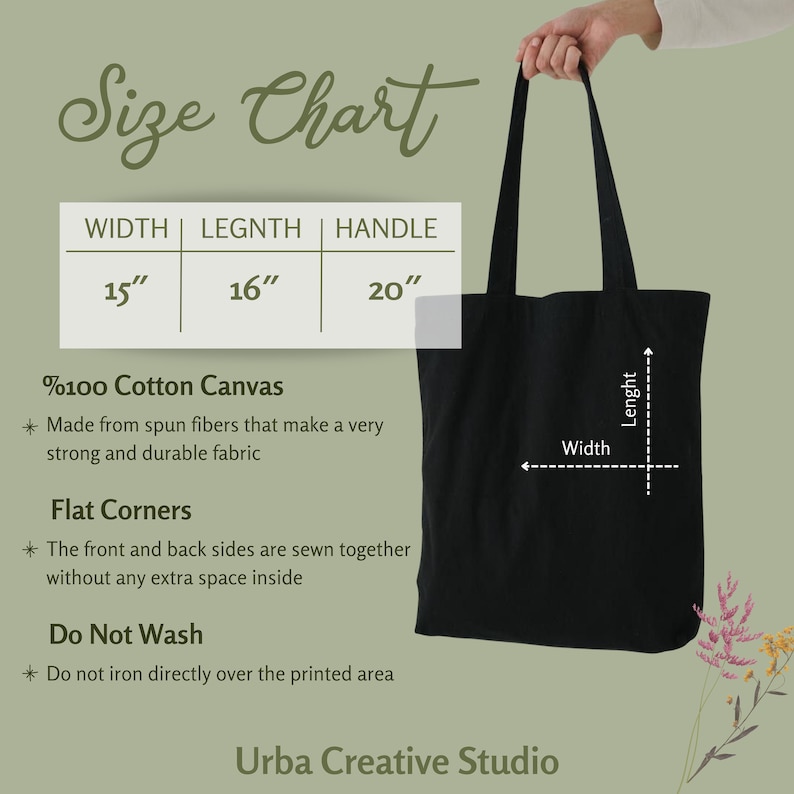 Op de afbeelding: Een zwarte tote bag met een maattabel die aangeeft dat de breedte 15 inch, de lengte 16 inch en de handgreep 20 inch is. De tas is gemaakt van 100% katoenen canvas en heeft platte hoeken. De tekst "Niet wassen" en "Niet strijken over het bedrukte gebied" is inbegrepen. De tekst "Urba Creative Studio" staat onderaan de afbeelding.