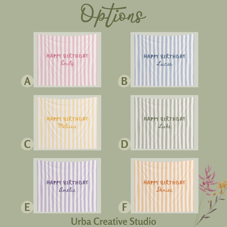 Puede incluir: Seis pancartas de cumplea&ntilde;os con rayas verticales y nombres personalizados. Cada pancarta presenta un esquema de colores pastel diferente, con las palabras "Happy Birthday" y un nombre impreso en un color a juego. Tambi&eacute;n se ve el texto "Options" y "Urba Creative Studio".