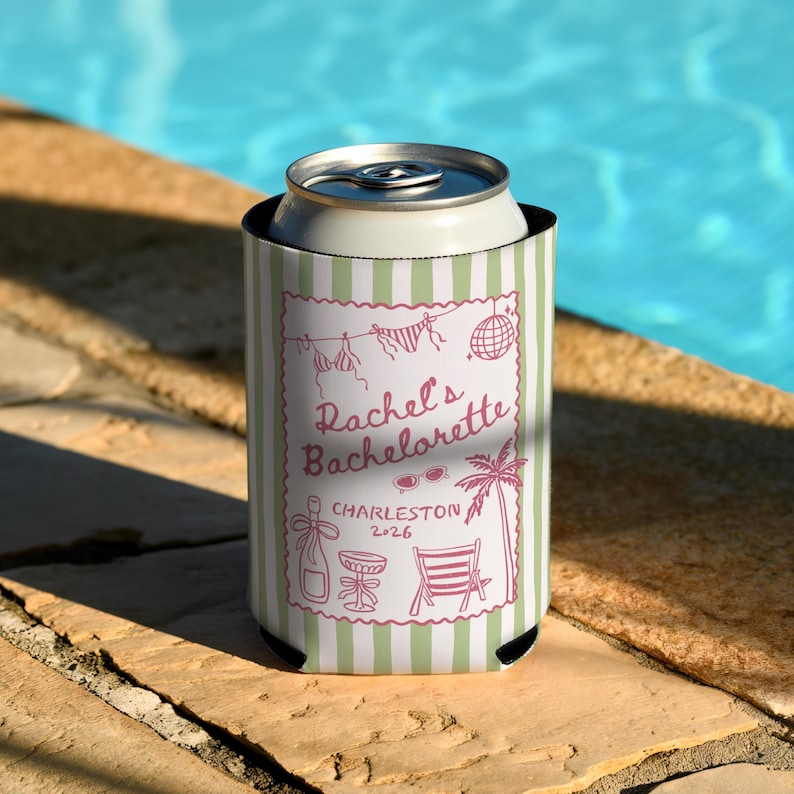 May include: A white and green striped can cooler with the text "Rachel's Bachelorette Charleston 2026" in pink. The cooler features illustrations of a bikini, sunglasses, a disco ball, a palm tree, and a beach chair.