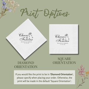 May include: Two white napkins with the text "Cheers to Forever" printed on them. The napkins are shown in two different orientations: diamond and square. The text below the napkins indicates that the diamond orientation is available upon request.