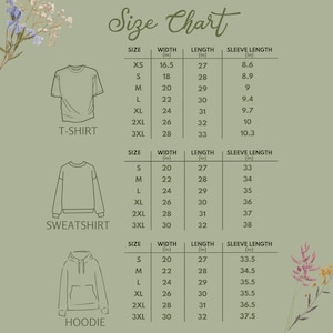 Puede incluir: Tabla de tallas para camisetas, sudaderas y sudaderas con capucha. La tabla muestra el ancho, la longitud y la longitud de la manga en pulgadas para cada talla: XS, S, M, L, XL, 2XL y 3XL.