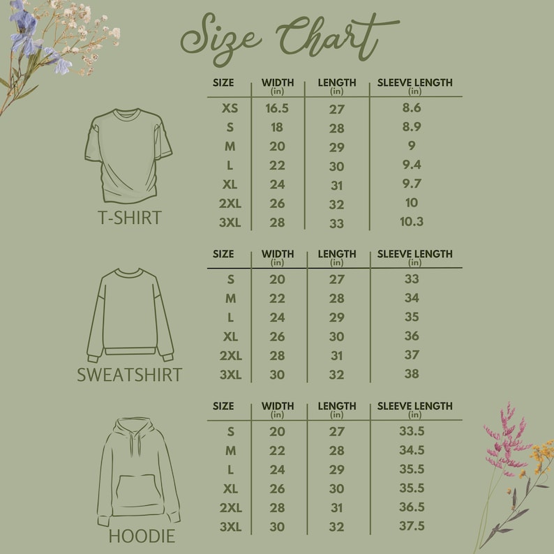 Puede incluir: Tabla de tallas para camisetas, sudaderas y sudaderas con capucha. La tabla muestra el ancho, la longitud y la longitud de la manga en pulgadas para cada talla: XS, S, M, L, XL, 2XL y 3XL.