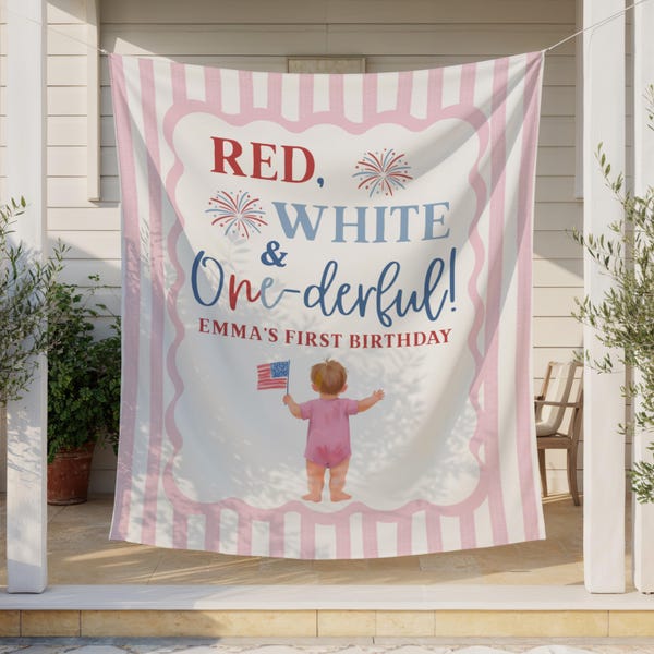 Pancarta roja, blanca y maravillosa, fondo personalizado para fiesta de primer cumpleaños del 4 de julio, pancarta americana para primer cumpleaños, decoración con pequeños petardos