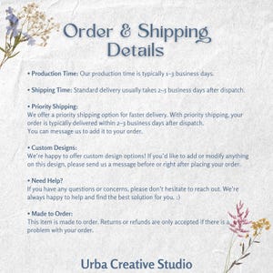 May include: A light blue background with the text "Order & Shipping Details" in a decorative font. Below, bullet points detail production time, shipping options, custom design availability, and customer support. The Urba Creative Studio logo is at the bottom.