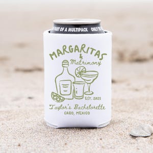 Margaritas and Matrimony Can Cooler Custom Tequila Bachelorette Party Favors Final Fiesta Can Holder Margarita Bachelorette Bridesmaid Gifts