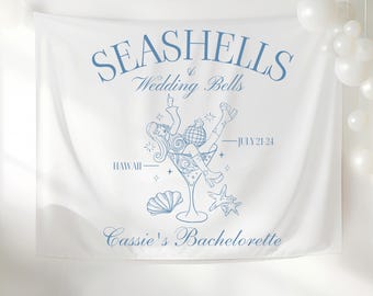 Banner per addio al nubilato in riva al mare: conchiglie, campane nuziali, sfondo per addio al nubilato in spiaggia