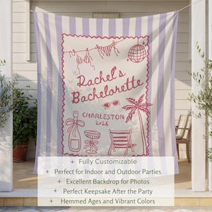 May include: A light purple and white striped backdrop with a pink illustration for a bachelorette party. The illustration includes text that reads "Rachel's Bachelorette Charleston 2026" with drawings of a disco ball, sunglasses, and a palm tree.
