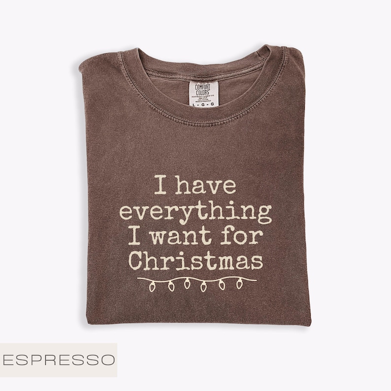 May include: An espresso-coloured t-shirt with the white text "I have everything I want for Christmas" and a string of lights graphic. The shirt is folded and has a Comfort Colors tag.