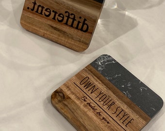Handmade Rustic Wooden and Marble Square Coasters for Coffee Table and Dining Table