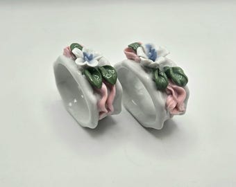 Set of 2 Vintage Pastel Floral Glazed Ceramic Napkin Ring Holders