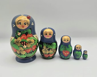 Vintage Handpainted Wooden Russian Nesting Dolls - Matryoshka Dolls - Blue Strawberry and Ladybug Theme