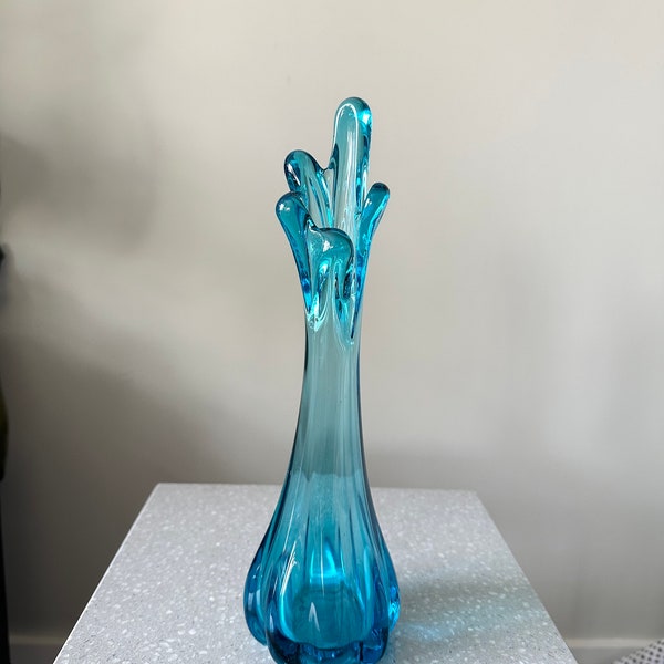 5 Finger Blue Swung Vase Vintage Art Glass Mid-Century Modern Collectible