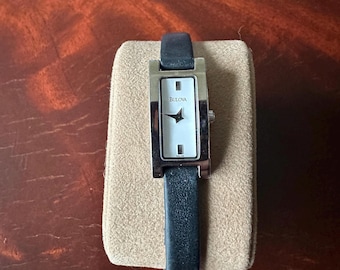 Bulova Silver Quartz Tank Leather Strap Watch