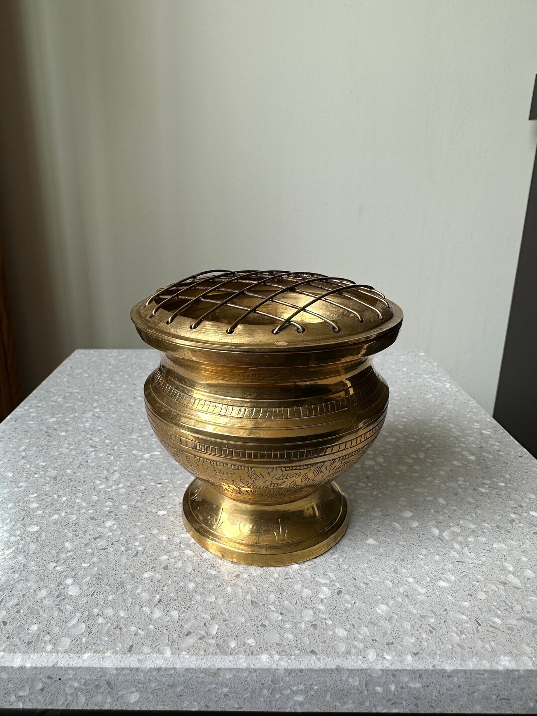 Vintage Etched Brass Rose Bowl Vase Mesh Lid Incense Holder Burner Made