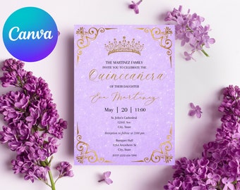 Invitaciones de Quinceañera de Lavanda: Plantilla editable (Descarga digital)