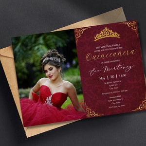 Rote und goldene Quinceamaßa-Einladung, bearbeitbare Vorlage, Quinceanera-Einladung, Download, druckbare Einladung, burgunderrote und goldene Quinceanera-Einladung