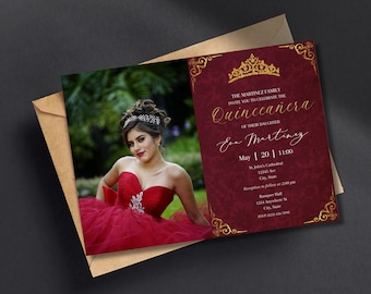 May include: A quinceañera invitation with a burgundy background and gold accents. The invitation features a photo of a young woman in a red dress and a crown. The text on the invitation reads "The Martinez Family Invite You To Celebrate The Quinceañera Of Their Daughter Eve Martinez May | 20 | 11:00 St. John's Cathedral 12345 Ave City, State Reception to follow at 2:00 pm Banquet Hall 1234 Anywhere St City, State"