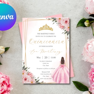 Blush Pink Quinceañera Invitation, Editable Quince Invitation, Pink Floral Theme, Instant Download, Printable