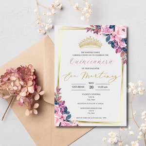 Pink Quinceañera Invitation, Editable Quince Invitation, Blush Pink Floral Theme, Instant Download, Printable